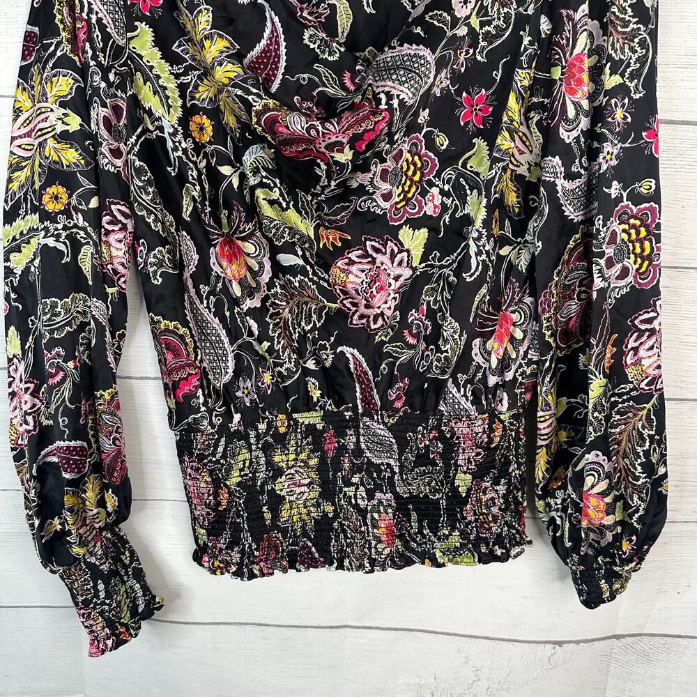 Cinq a Sept Women Small Black Silk Floral Paisley Smocked Peplum Blouse Top Boho - Picture 4 of 10